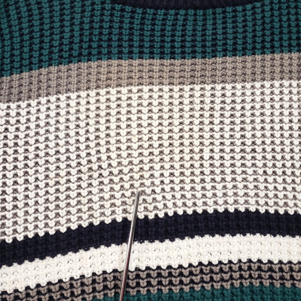 Donegal II Sweater Men Medium Teal Gray White Striped Hand Loomed Cotton Ireland - Picture 2 of 8